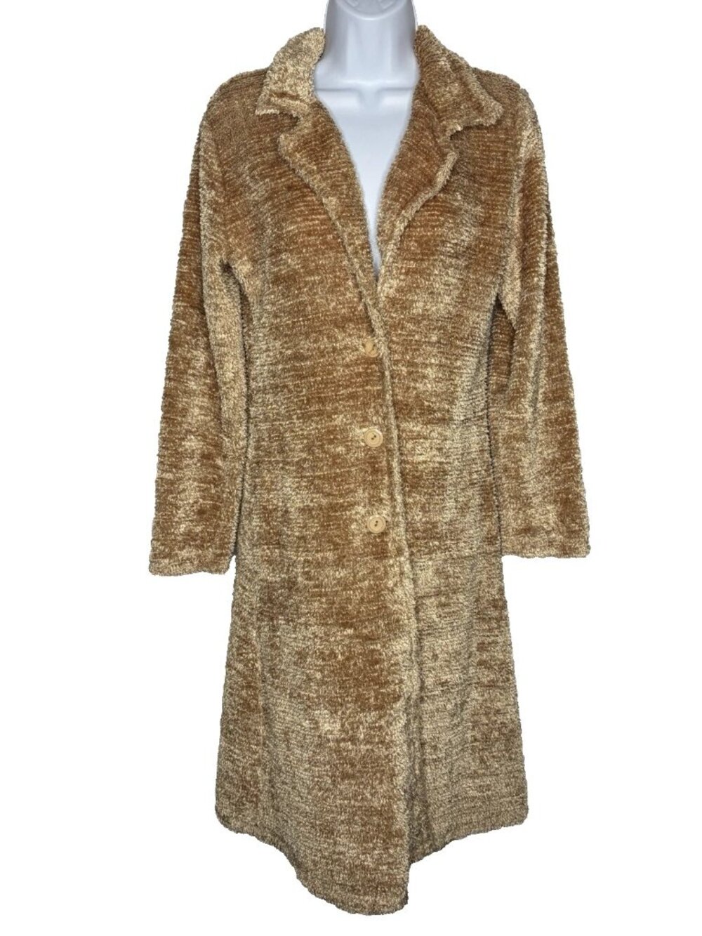 Vintage 90s Pretty Good Chenille Sweater Coat Size M Golden Brown Shag Longline